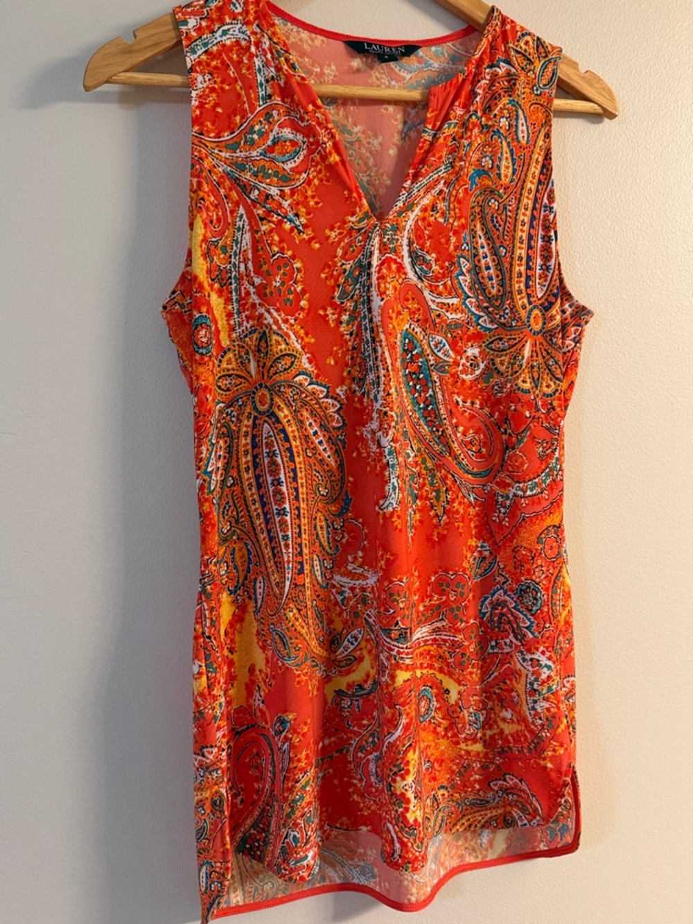 Lauren Ralph Lauren Women's Orange Paisley Sleeveless V-Neck Top/Tunic-EUC